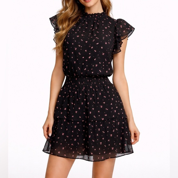 Anthropologie Dresses & Skirts - NEW ANTHROPOLOGIE Floral mini Dress MEDIUM Smocked-Neck Flutter-Sleeve Bohemian